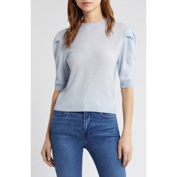 FRAME Frankie Cashmere Wool Puff-Sleeve Sweater – Blue Chambray, Size Large - Picture 1 of 6